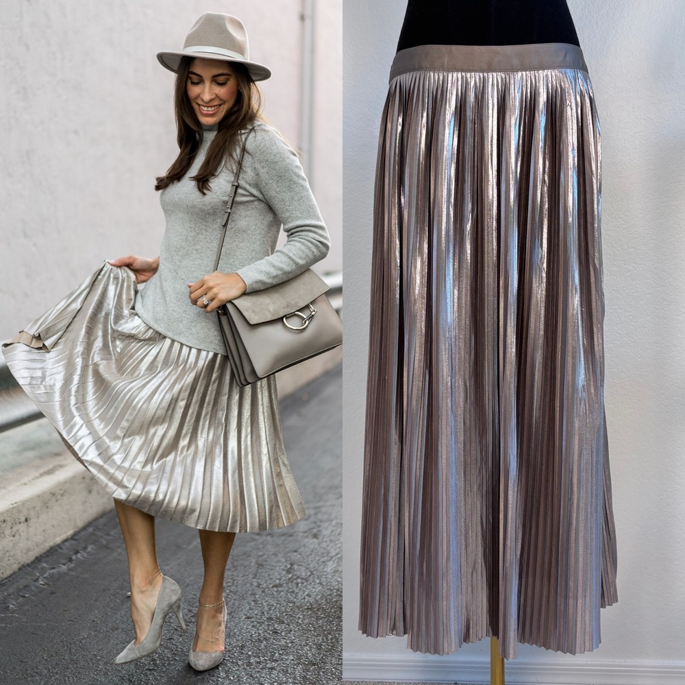 Banana Republic Metallic Pleated Midi Skirt Size 10 NWT Shimmer Champagne Silver